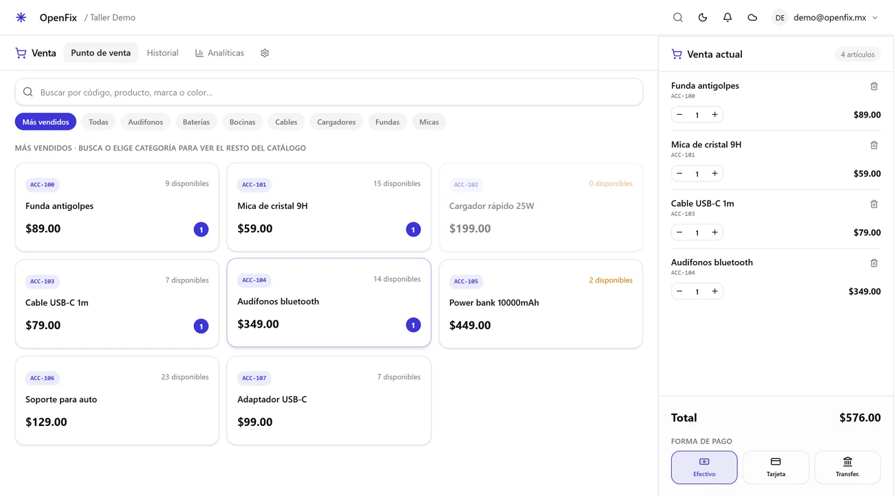 OpenFix: punto de venta con productos más vendidos y carrito con total