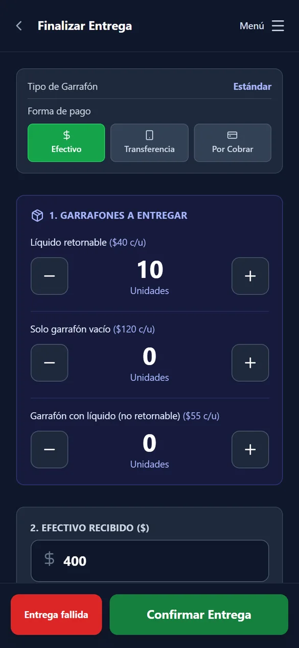 App Safevitia: formulario de entrega con garrafones, forma de pago y efectivo recibido