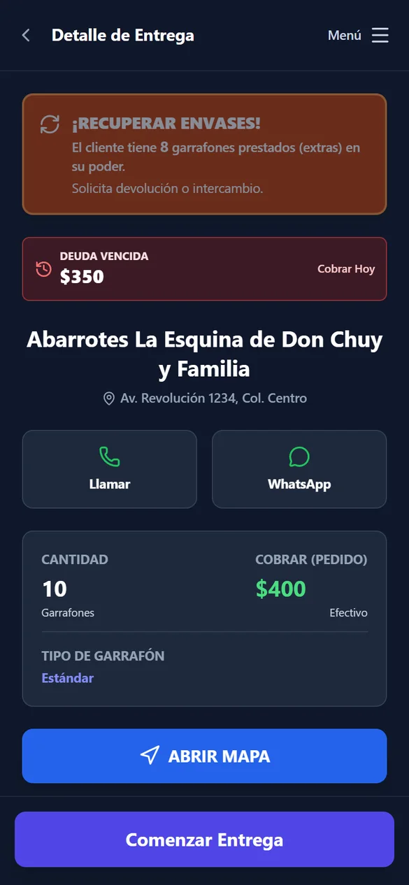 App Safevitia: detalle de la entrega con aviso de envases por recuperar y deuda vencida