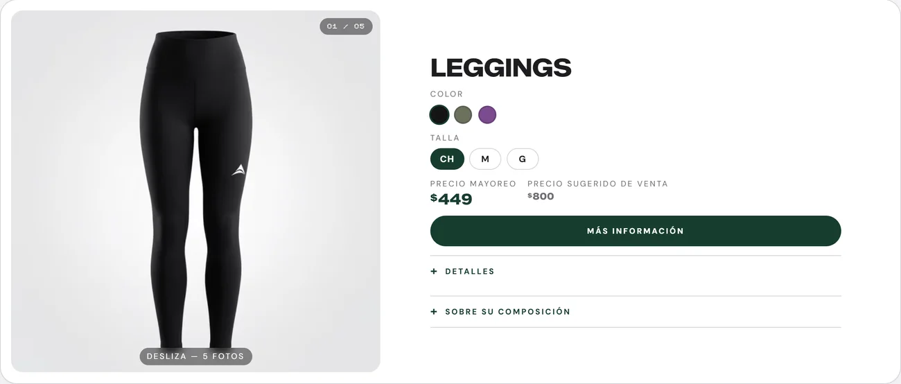 Catálogo Tanalian: leggings con selector de color y talla