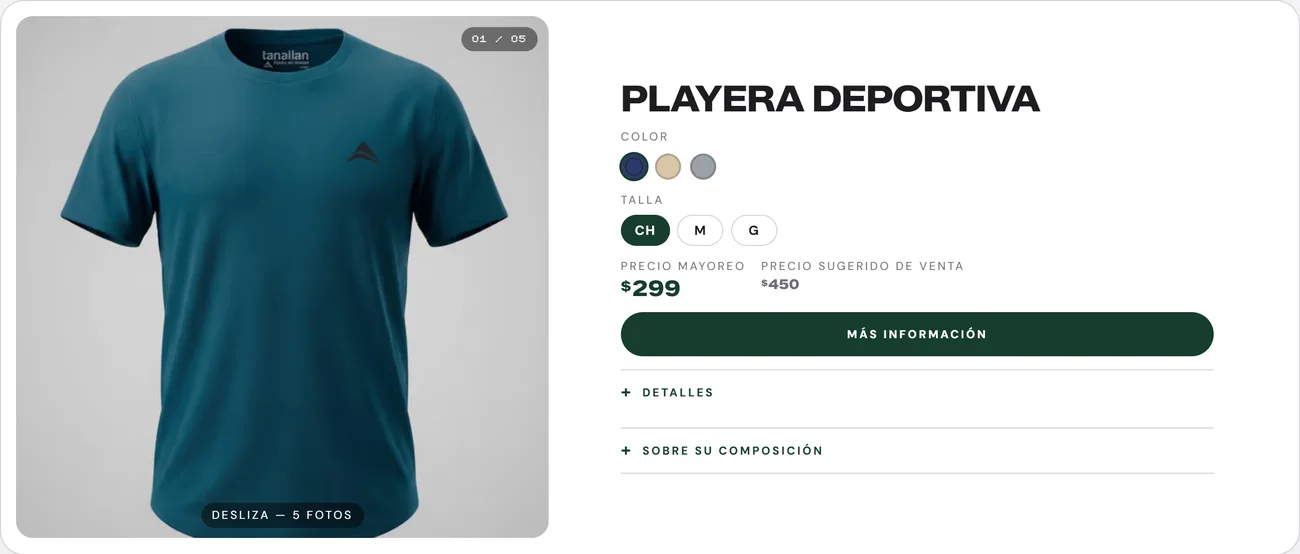 Catálogo Tanalian: playeras con colores, tallas y botón a WhatsApp