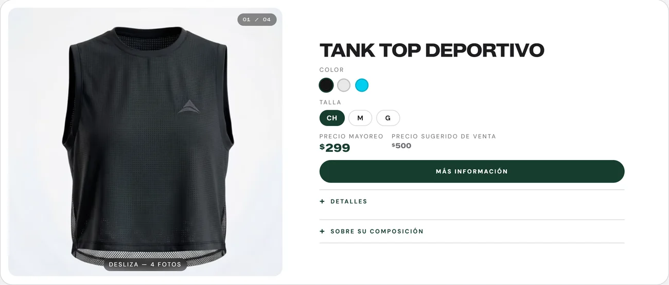 Catálogo Tanalian: tank top deportivo con color, talla y precio de mayoreo